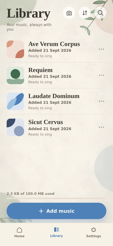 The ScanSing library with four pieces ready to sing