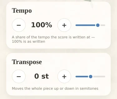 Tempo at 100 percent and Transpose at 0 semitones in the player settings