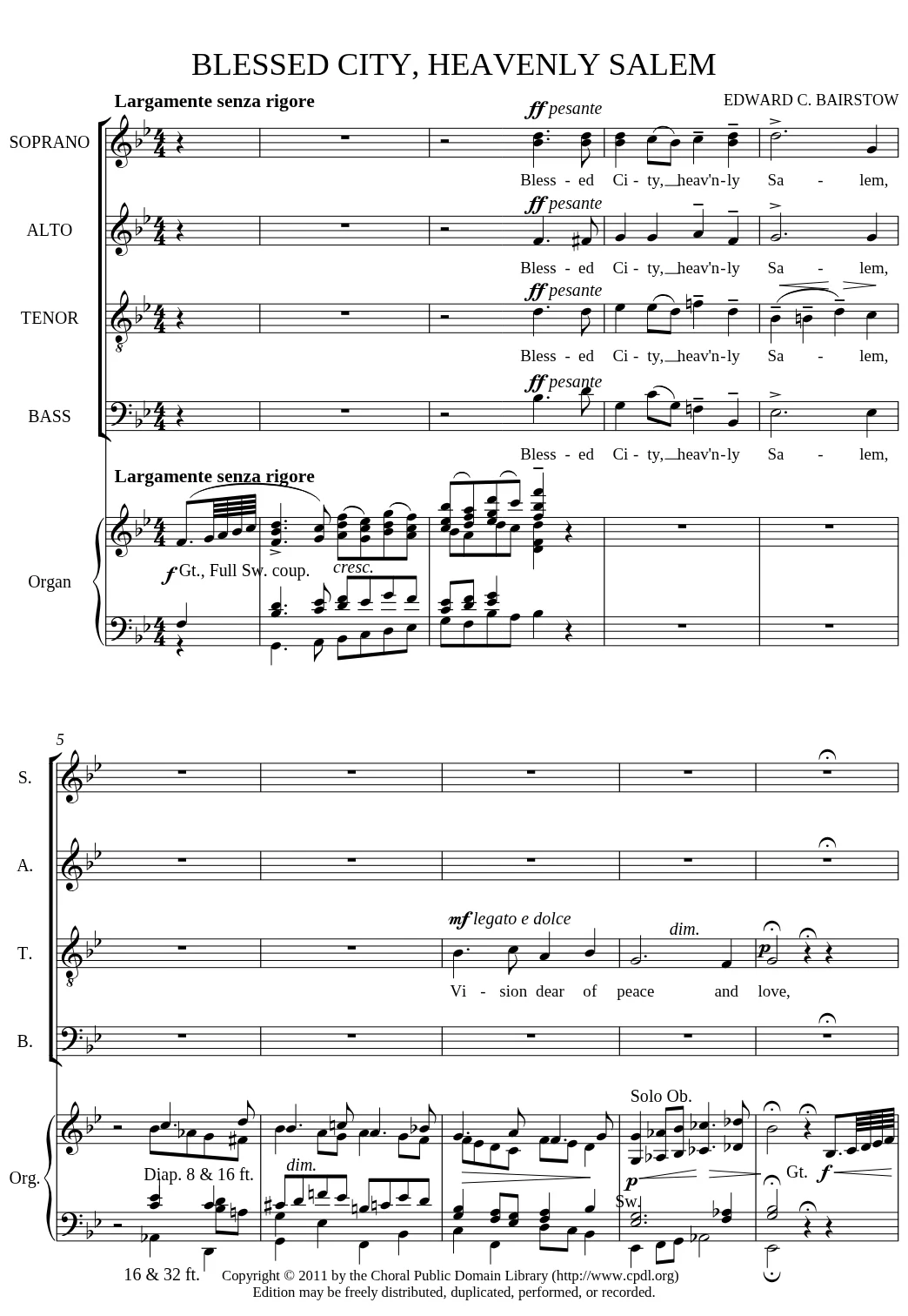 First page of Blessed City, Heavenly Salem by Edward C. Bairstow, for soprano, alto, tenor, bass and organ