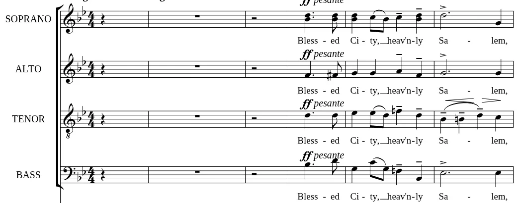 The first system of Blessed City, Heavenly Salem: soprano, alto, tenor and bass staves
